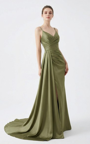 Spaghetti Strap V-Neck Satin Floor-Length Dress