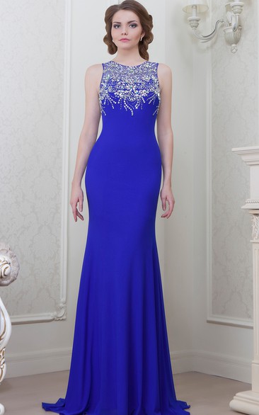Sheath Beaded Scoop-Neck Sleeveless Floor-Length Jersey Evening Dress
