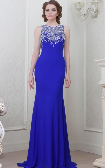 Sheath Beaded Scoop-Neck Sleeveless Floor-Length Jersey Evening Dress