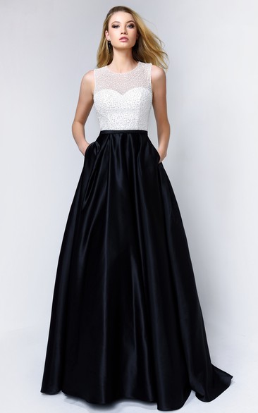 A-Line Scoop-Neck Sleeveless Satin Keyhole Dress With Beading