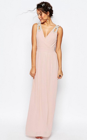 Sheath V-Neck Beaded Sleeveless Floor-Length Chiffon Bridesmaid Dress With Ruching And V Back