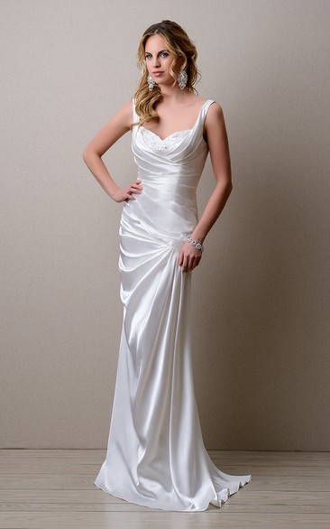 Ruched Sleeveless Sheath Satin Wedding Dress With Lace Embellishment
