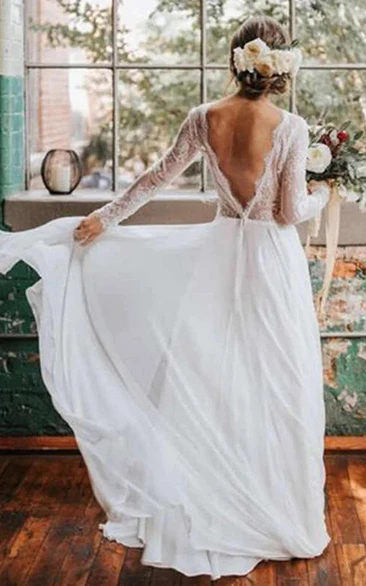 Lace Low-v Back Long Sleeve Chiffon Scoop-neck Chiffon Wedding Dress