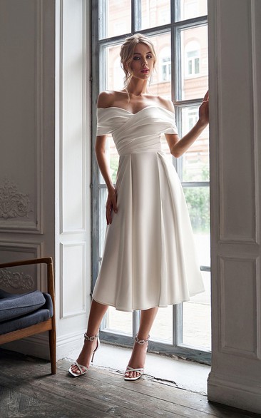 Off-the-shoulder Ruched Criss-cross Empire Tea-length Wedding Dress