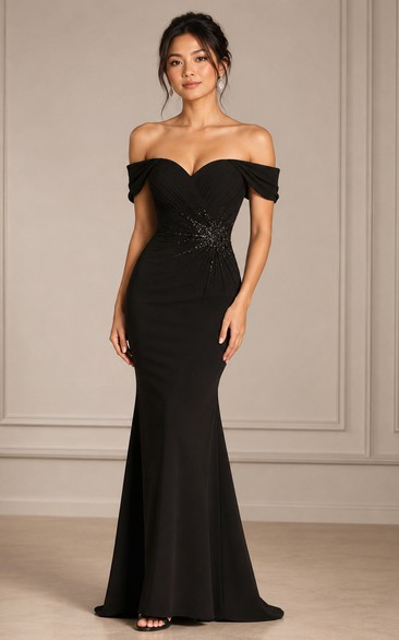 Mermaid Satin Evening Dress with Off-the-shoulder, Sleeveless and Beading Ruching, Floor Length