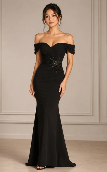 Mermaid Satin Evening Dress with Off-the-shoulder, Sleeveless and Beading Ruching, Floor Length