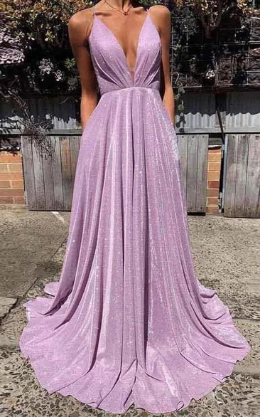Sexy Plunged Spaghetti Empire A-line Sweep Train Evening Prom Dress
