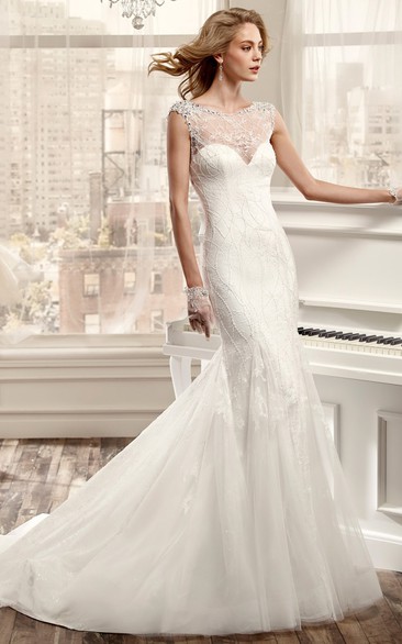 Jewel-Neck Sheath Wedding Dress With Beaded Bodice And Open Back