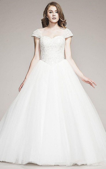 Ball Gown Cap-Sleeve Floor-Length Tulle Wedding Dress With Beading And Corset Back