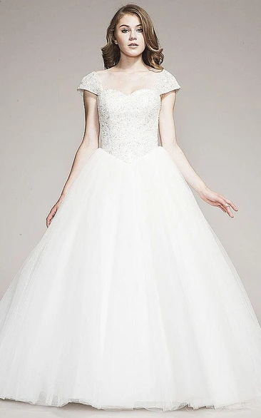 Ball Gown Cap-Sleeve Floor-Length Tulle Wedding Dress With Beading And Corset Back