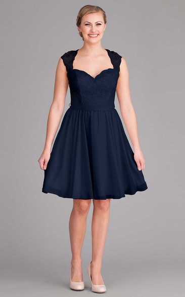 Knee-Length Cap Sleeve V-Neck Lace Chiffon Bridesmaid Dress