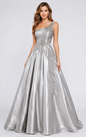 Satin Prom Dress in Silver, One-Shoulder A-Line Floor-Length Gown with Appliques and Pleats