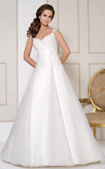 V-Neck Long Cap-Sleeve Appliqued Satin Wedding Dress With Chapel Train And V Back