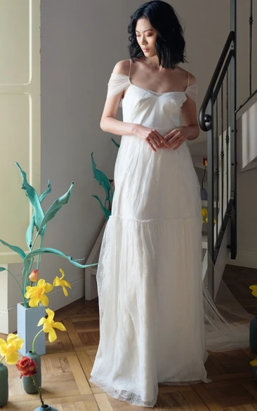 Bohemian Lace Spaghetti Short Sleeve Ruching Wedding Dress With Button
