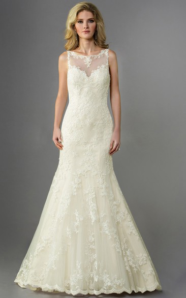 Bateau-Neck Trumpet Wedding Dress With Appliques And Illusion Back
