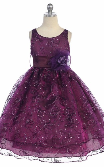 Tea-Length Embroideried Floral Sequins&Organza Flower Girl Dress With Ribbon