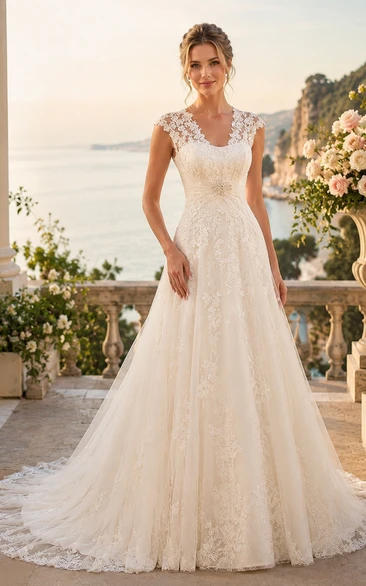 Sweetheart Sleeveless Beaded Lace Bridal Dress