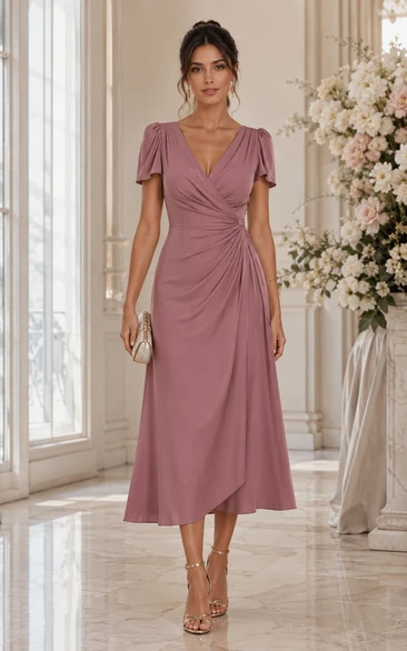 Dusty Rose V-neck Wrap Tea-Length Dress