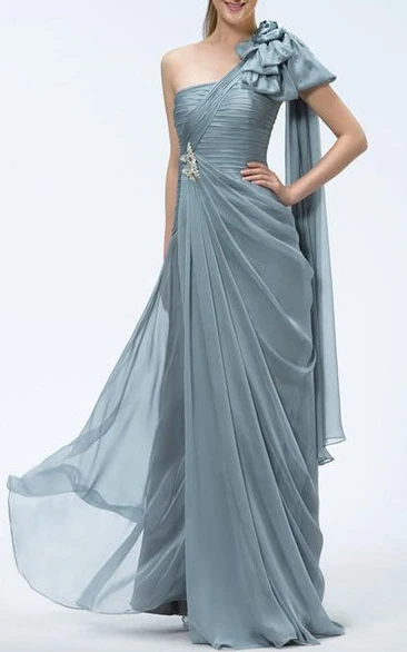 A-Line One-Shoulder Tiered Beading Sashes Floor-length Prom Dress