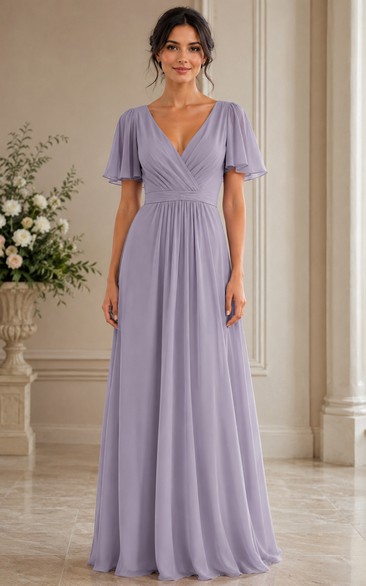 Lavender V-neck Short Sleeve A-Line Chiffon Bridesmaid Dress