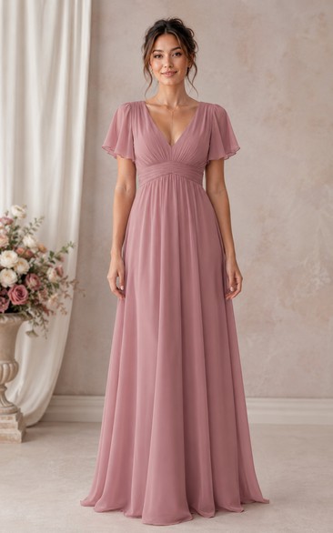 Dusty Rose A-Line Chiffon V-Neck Bridesmaid Dress with Flutter Sleeves