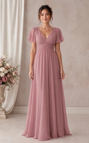 Dusty Rose A-Line Chiffon V-Neck Bridesmaid Dress with Flutter Sleeves