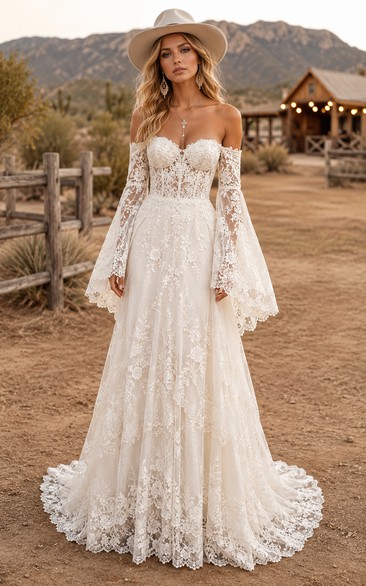 Western Vintage Country A-Line Wedding Dress Off Shoulder Sweetheart Tulle Lace Applique Floor Length Chapel Train Ivory