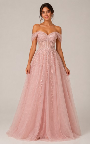 Tulle Prom Dress in Blushing Pink, Off-the-shoulder, Sweetheart Ball Gown Floor-Length Gown with Appliques and Beading