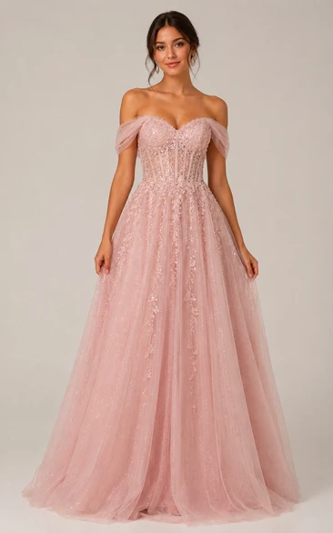 Tulle Prom Dress in Blushing Pink, Off-the-shoulder, Sweetheart Ball Gown Floor-Length Gown with Appliques and Beading