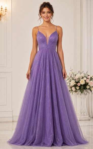 Lavender Glitter Tulle Spaghetti Strap A-Line Formal Gown