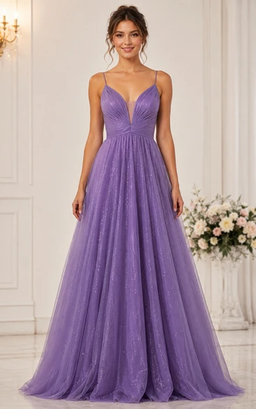 Lavender Glitter Tulle Spaghetti Strap A-Line Formal Gown