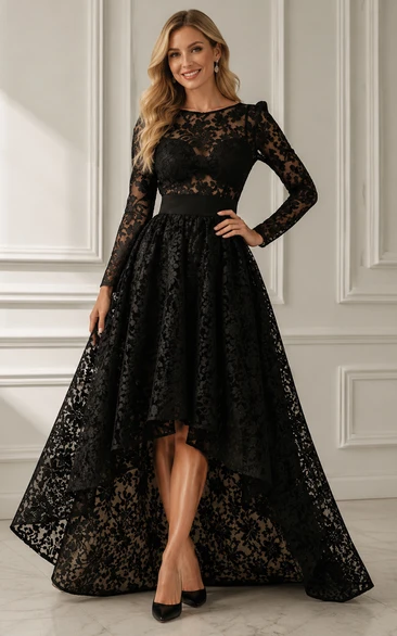 Espectacular vestido de fiesta asimétrico de encaje damasco negro