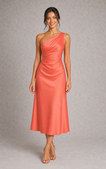Coral One-Shoulder Satin Midi Sheath Dress