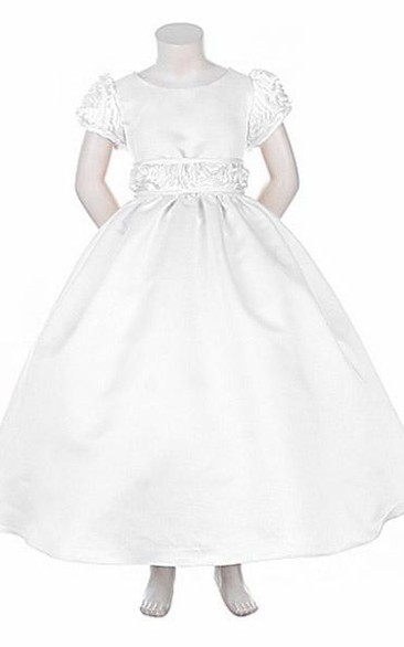 Split Tea-Length Tiered Cap-Sleeve Flower Girl Dress With Embroidery