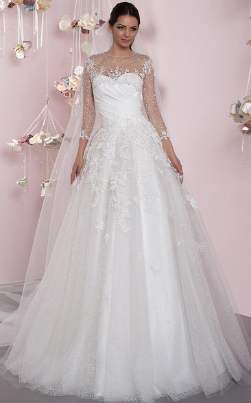 A-Line Maxi 3-4 Sleeve Appliqued Scoop Neck Tulle Wedding Dress