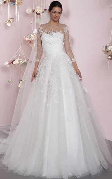 A-Line Maxi 3-4 Sleeve Appliqued Scoop Neck Tulle Wedding Dress