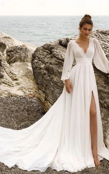Elegant V-Neck Chiffon Wedding Dress with Bishop Sleeves and Front Slit