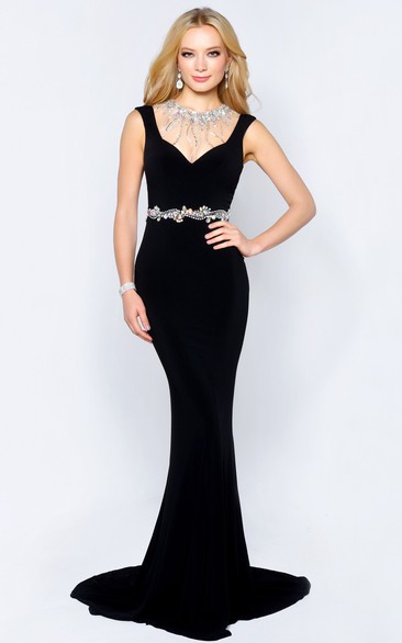 Trumpet Jewel-Neck Jersey Illusion Dress With Waist Jewellery And Beading