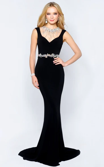 Trumpet Jewel-Neck Jersey Illusion Dress With Waist Jewellery And Beading