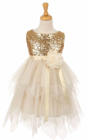Tea-Length Sequined Split-Front Tulle&Sequins Flower Girl Dress