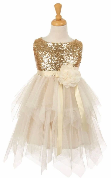 Tea-Length Sequined Split-Front Tulle&Sequins Flower Girl Dress