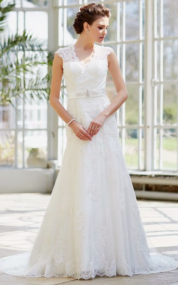 Appliqued Maxi V-Neck Cap-Sleeve Lace Wedding Dress With Waist Jewellery