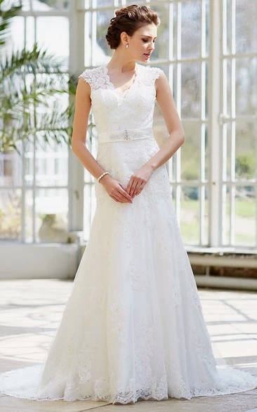 Appliqued Maxi V-Neck Cap-Sleeve Lace Wedding Dress With Waist Jewellery
