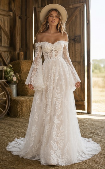 Boho A-Line Wedding Dress Off Shoulder Long Bell Sleeve Sweetheart Tulle Lace Applique Floor Length Chapel Train Ivory