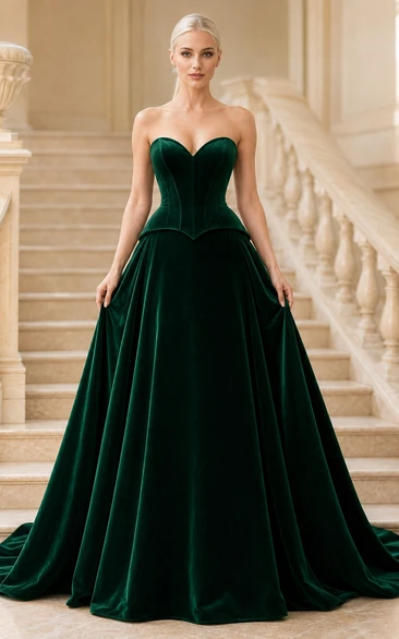 Robe de bal bustier en velours vert foncé avec corsage en cœur et jupe ample
