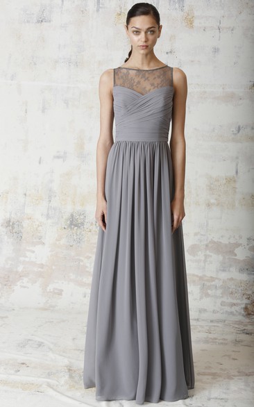 Floor-Length Criss-Cross Sleeveless Bateau Neck Chiffon Bridesmaid Dress