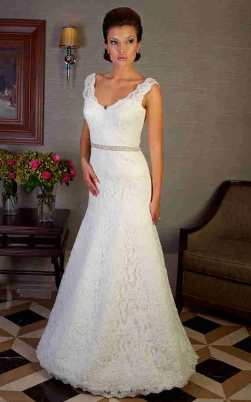 A-Line Sleeveless V-Neck Floor-Length Jeweled Lace Wedding Dress