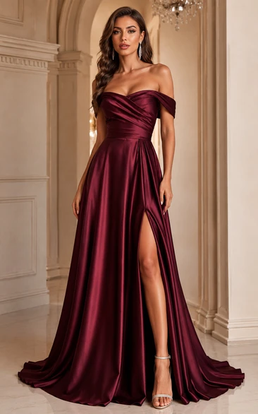 Satin Prom Dress in Burgundy, Off-the-shoulder, Sweetheart A-Line Floor-Length Gown with Drape