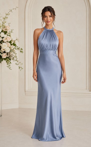 Steel Blue Halter Satin Sheath Bridesmaid Dress