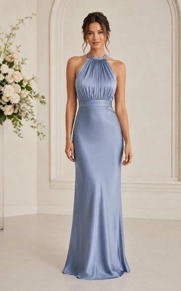 Steel Blue Halter Satin Sheath Bridesmaid Dress